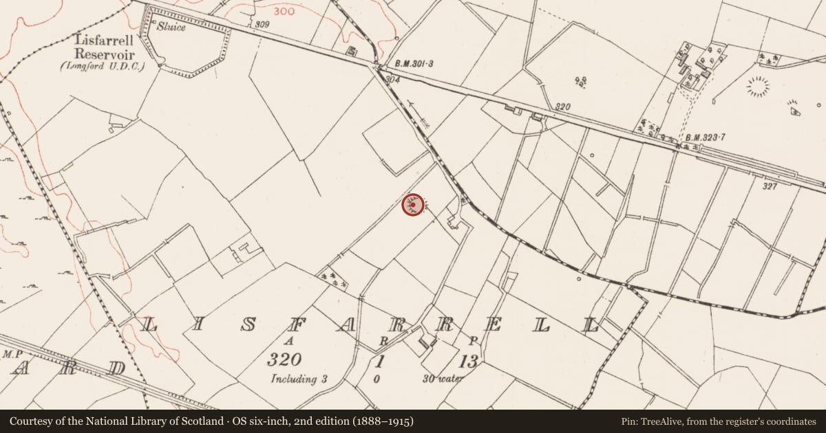 Ordnance Survey six-inch map, 2nd edition (1888–1915) covering the location of Ringfort - rath, Lisfarrell, County Longford, with a pin at the register's coordinates