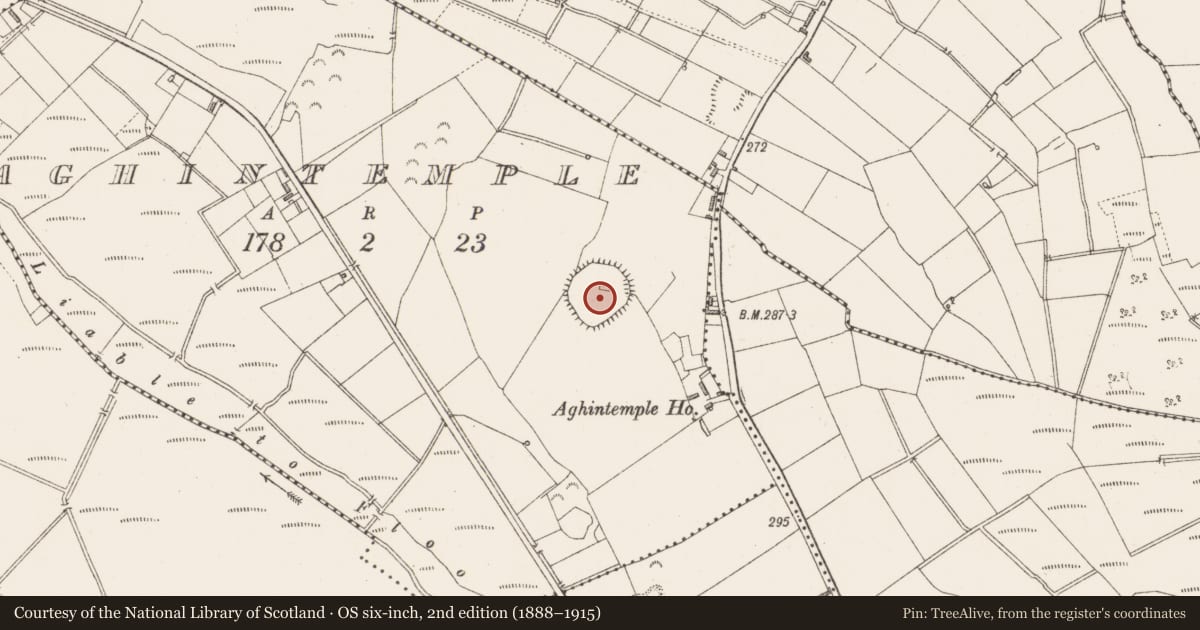 Ordnance Survey six-inch map, 2nd edition (1888–1915) covering the location of Ecclesiastical enclosure, Aghintemple, County Longford, with a pin at the register's coordinates