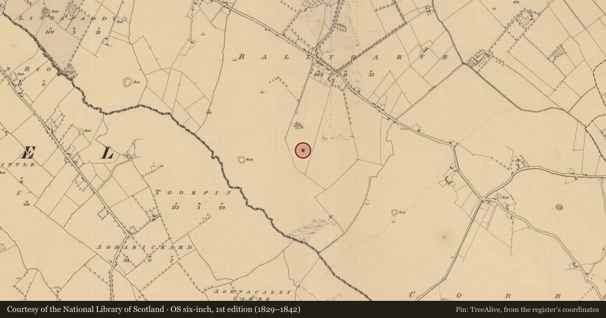 Ordnance Survey six-inch map, 1st edition (1829–1842) covering the location of Barrow - ring-barrow, Ballygarve, County Longford, with a pin at the register's coordinates