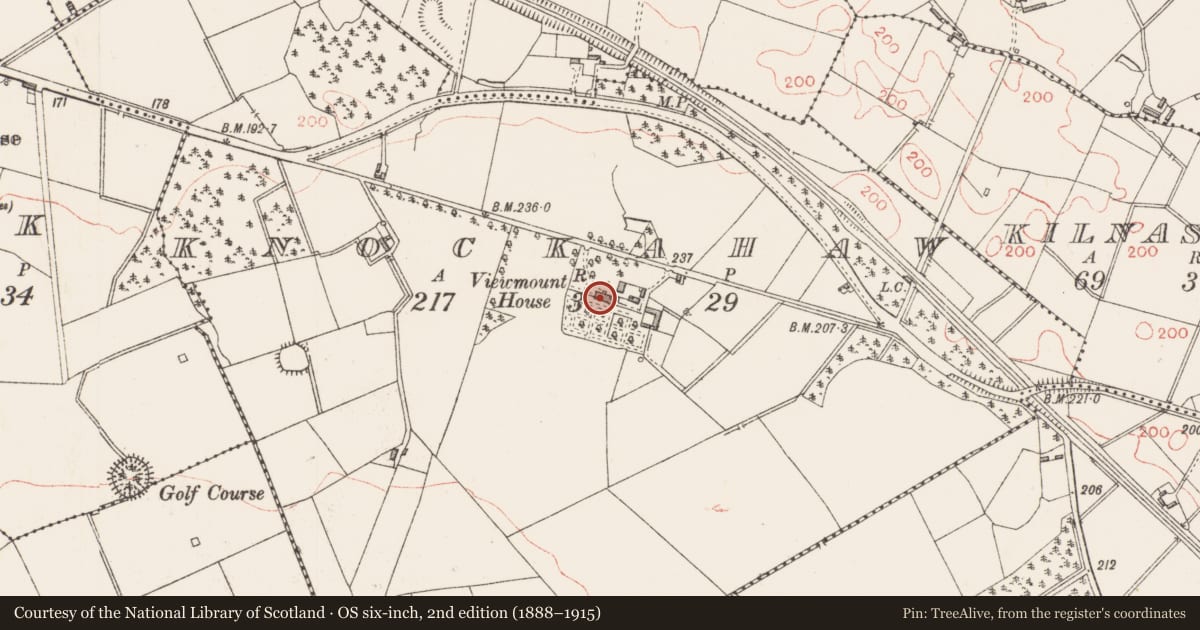 Ordnance Survey six-inch map, 2nd edition (1888–1915) covering the location of Castle - tower house, Knockahaw, County Longford, with a pin at the register's coordinates