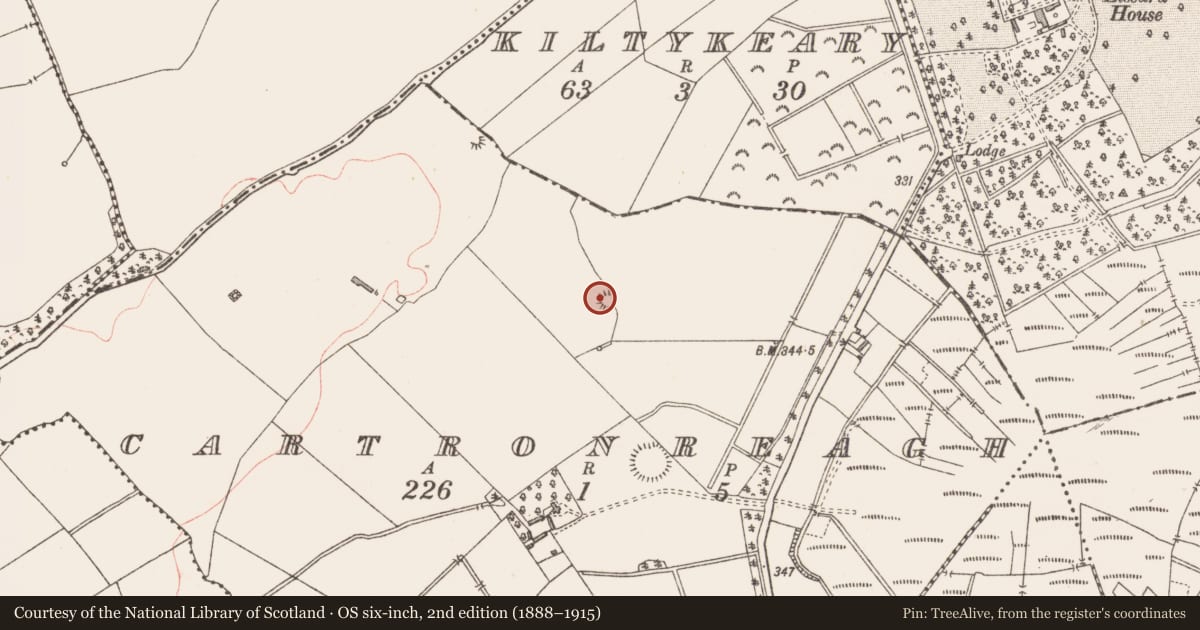 Ordnance Survey six-inch map, 2nd edition (1888–1915) covering the location of Barrow - embanked barrow, Cartronreagh, County Longford, with a pin at the register's coordinates