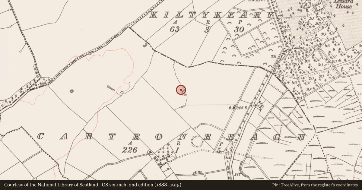Ordnance Survey six-inch map, 2nd edition (1888–1915) covering the location of Barrow - stepped barrow, Cartronreagh, County Longford, with a pin at the register's coordinates