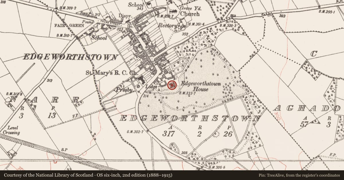 Ordnance Survey six-inch map, 2nd edition (1888–1915) covering the location of House - 17th century, Edgeworthstown, County Longford, with a pin at the register's coordinates