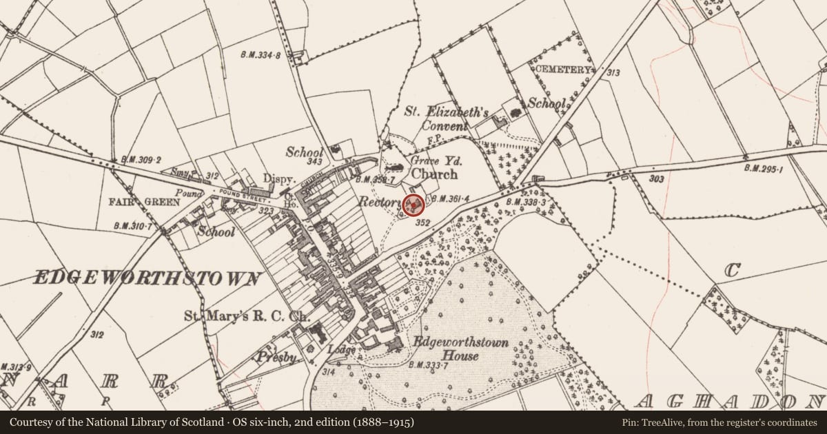 Ordnance Survey six-inch map, 2nd edition (1888–1915) covering the location of House - 18th/19th century, Edgeworthstown, County Longford, with a pin at the register's coordinates