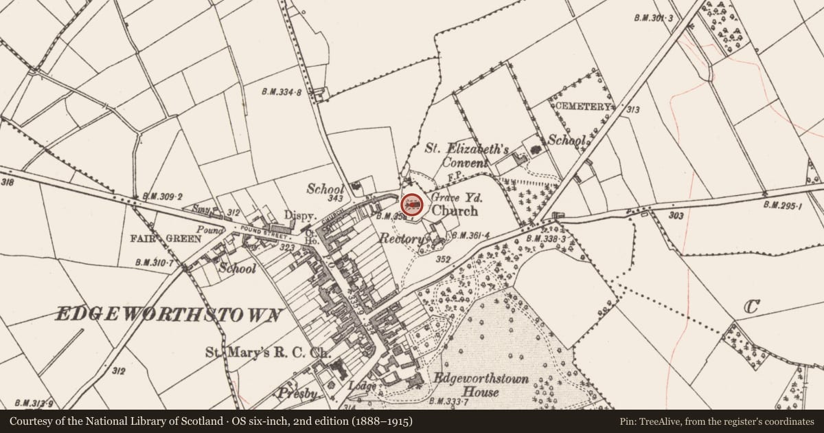 Ordnance Survey six-inch map, 2nd edition (1888–1915) covering the location of Graveyard, Edgeworthstown, County Longford, with a pin at the register's coordinates