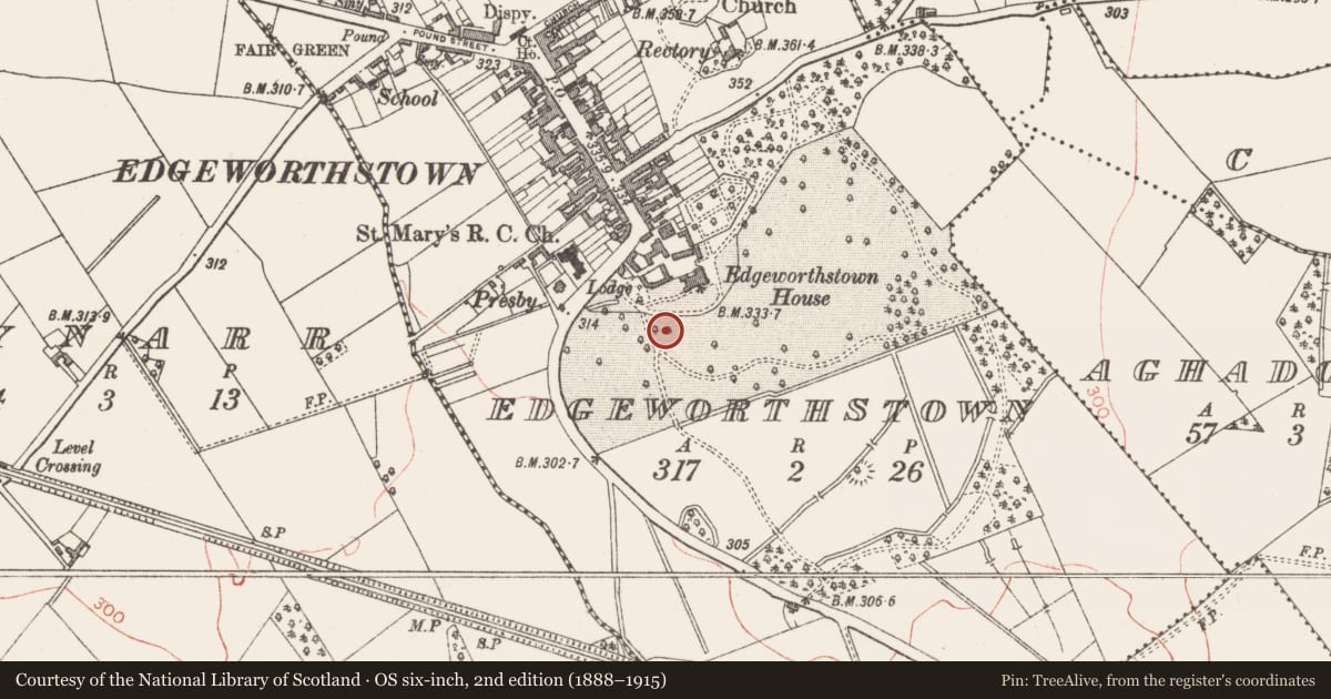 Ordnance Survey six-inch map, 2nd edition (1888–1915) covering the location of Designed landscape feature, Edgeworthstown, County Longford, with a pin at the register's coordinates