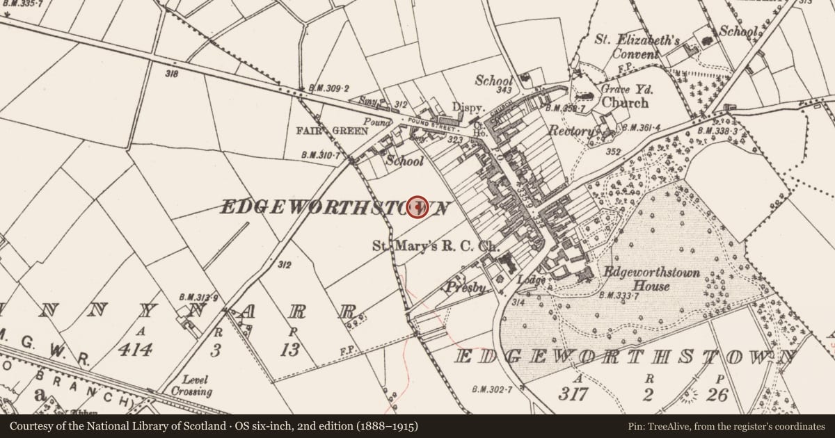Ordnance Survey six-inch map, 2nd edition (1888–1915) covering the location of Metalworking site, Edgeworthstown, County Longford, with a pin at the register's coordinates