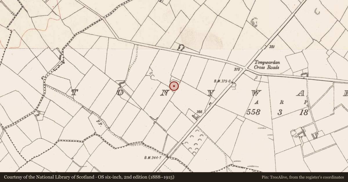Ordnance Survey six-inch map, 2nd edition (1888–1915) covering the location of Earthwork, Tonywardan, County Longford, with a pin at the register's coordinates