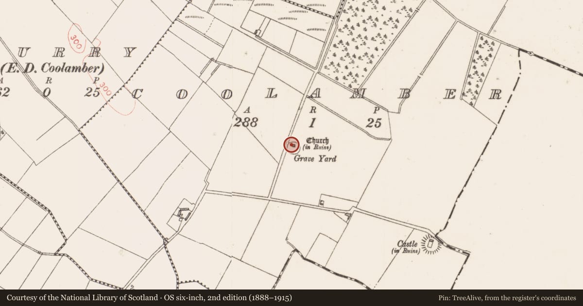 Ordnance Survey six-inch map, 2nd edition (1888–1915) covering the location of Church, Coolamber, County Longford, with a pin at the register's coordinates