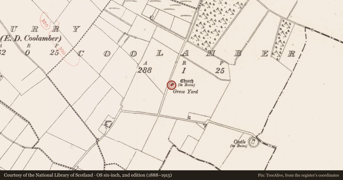 Ordnance Survey six-inch map, 2nd edition (1888–1915) covering the location of Graveyard, Coolamber, County Longford, with a pin at the register's coordinates
