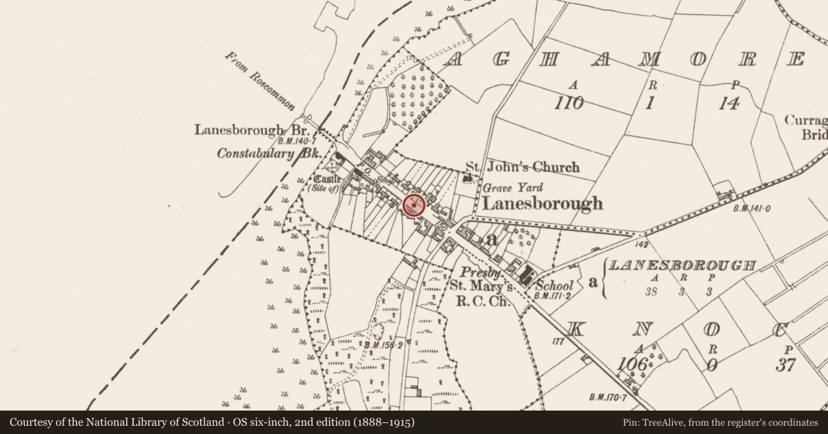 Ordnance Survey six-inch map, 2nd edition (1888–1915) covering the location of Historic town, County Longford, with a pin at the register's coordinates
