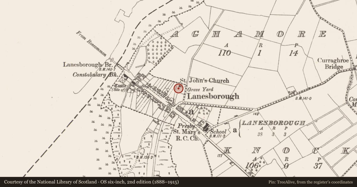 Ordnance Survey six-inch map, 2nd edition (1888–1915) covering the location of Church, Lanesborough, County Longford, with a pin at the register's coordinates