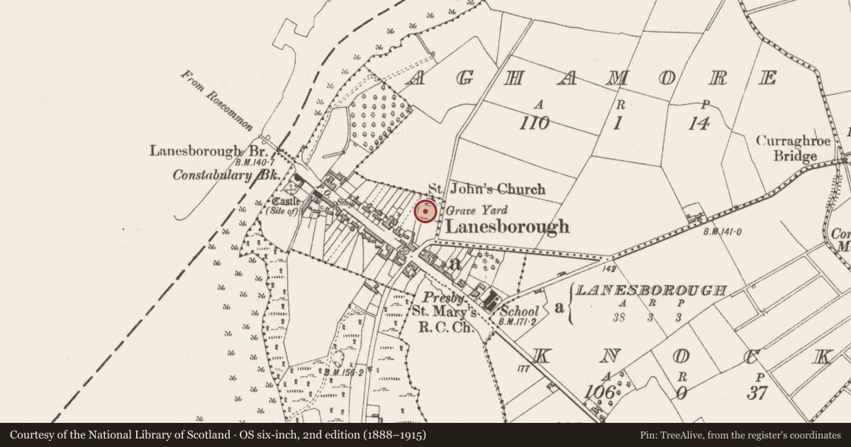 Ordnance Survey six-inch map, 2nd edition (1888–1915) covering the location of Graveslab, Lanesborough, County Longford, with a pin at the register's coordinates