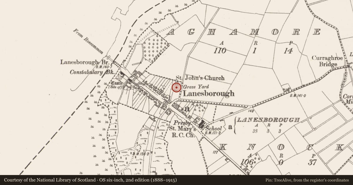 Ordnance Survey six-inch map, 2nd edition (1888–1915) covering the location of Cross, Lanesborough, County Longford, with a pin at the register's coordinates