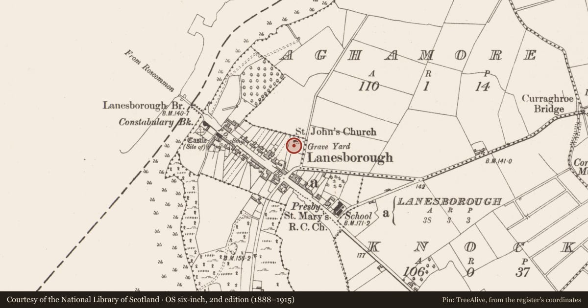Ordnance Survey six-inch map, 2nd edition (1888–1915) covering the location of Graveyard, Lanesborough, County Longford, with a pin at the register's coordinates
