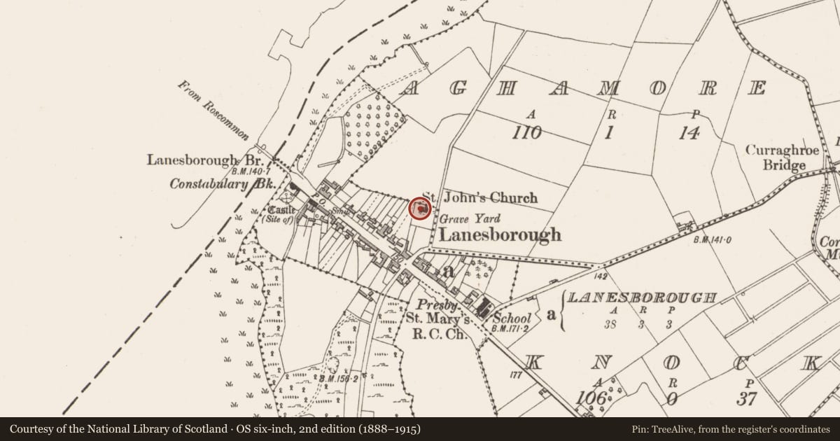 Ordnance Survey six-inch map, 2nd edition (1888–1915) covering the location of Armorial plaque (present location), Lanesborough, County Longford, with a pin at the register's coordinates