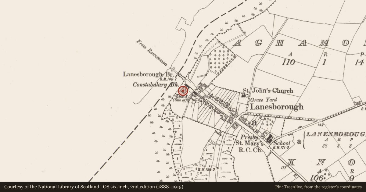 Ordnance Survey six-inch map, 2nd edition (1888–1915) covering the location of Fortification, Lanesborough, County Longford, with a pin at the register's coordinates