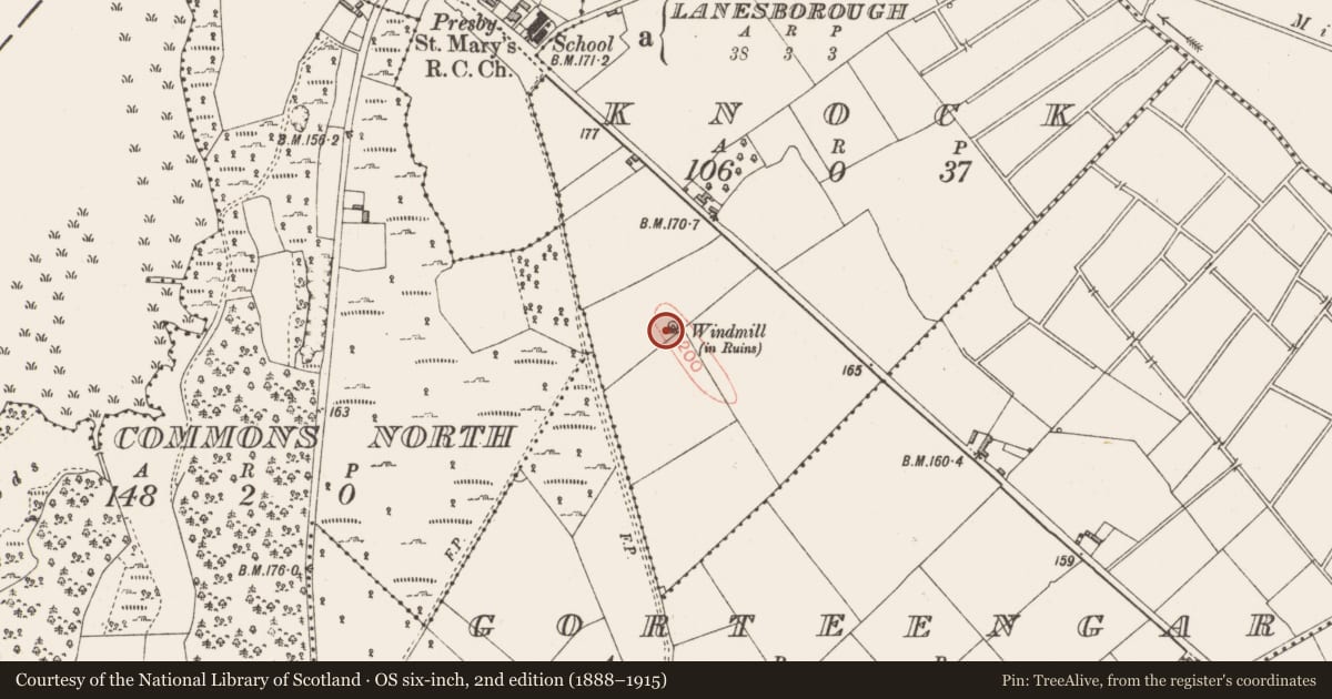 Ordnance Survey six-inch map, 2nd edition (1888–1915) covering the location of Windmill, Knock, County Longford, with a pin at the register's coordinates