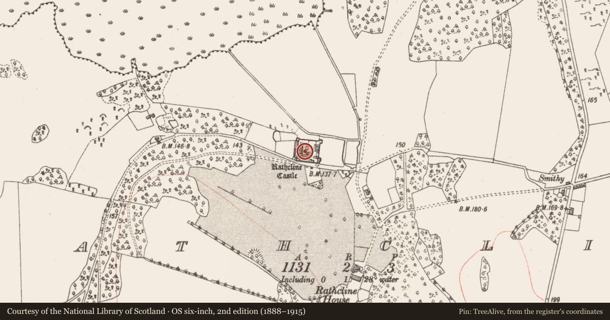 Ordnance Survey six-inch map, 2nd edition (1888–1915) covering the location of Bawn, Rathcline, County Longford, with a pin at the register's coordinates