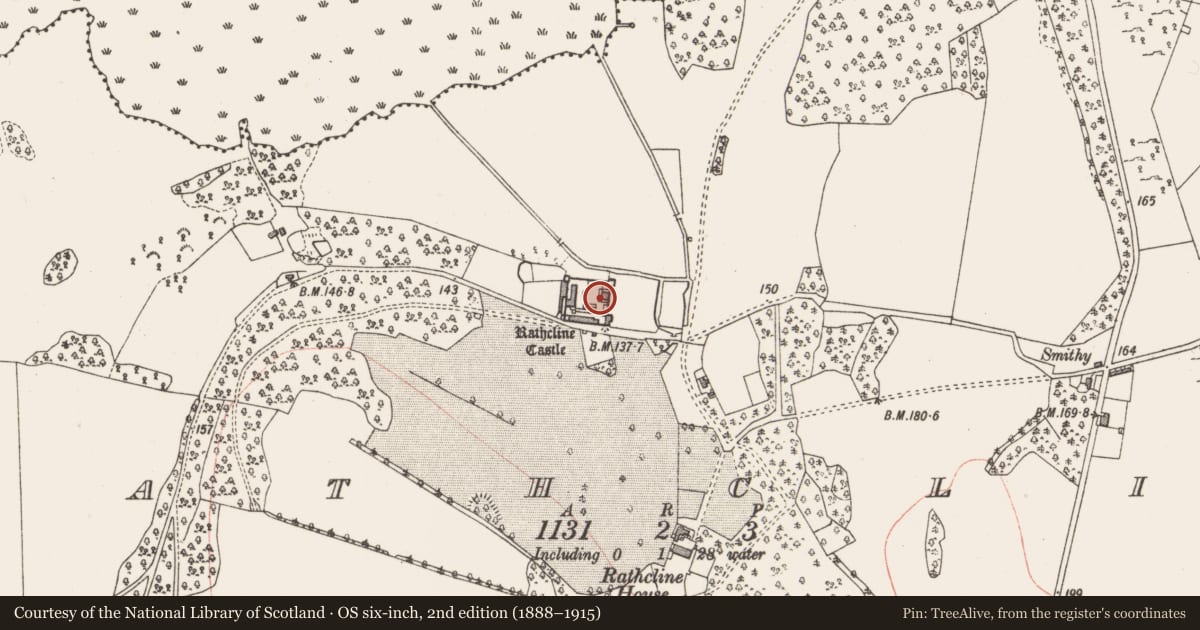 Ordnance Survey six-inch map, 2nd edition (1888–1915) covering the location of Castle - tower house, Rathcline, County Longford, with a pin at the register's coordinates