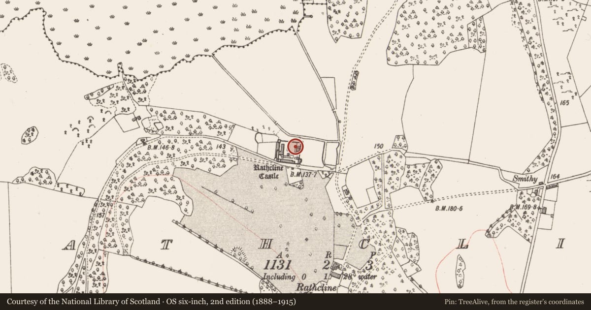 Ordnance Survey six-inch map, 2nd edition (1888–1915) covering the location of House - fortified house, Rathcline, County Longford, with a pin at the register's coordinates