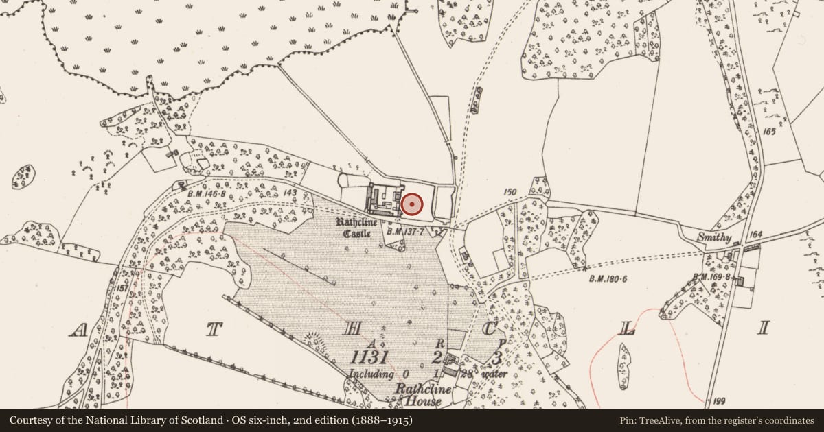 Ordnance Survey six-inch map, 2nd edition (1888–1915) covering the location of Designed landscape - formal garden, Rathcline, County Longford, with a pin at the register's coordinates