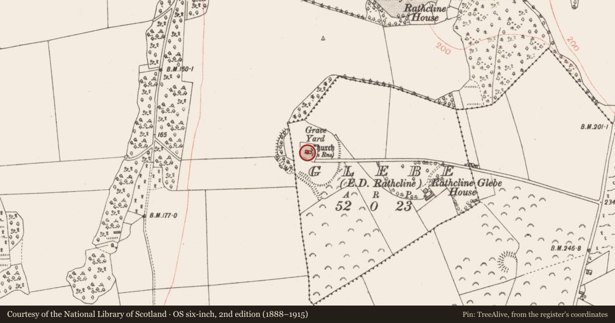 Ordnance Survey six-inch map, 2nd edition (1888–1915) covering the location of Church, Glebe, County Longford, with a pin at the register's coordinates