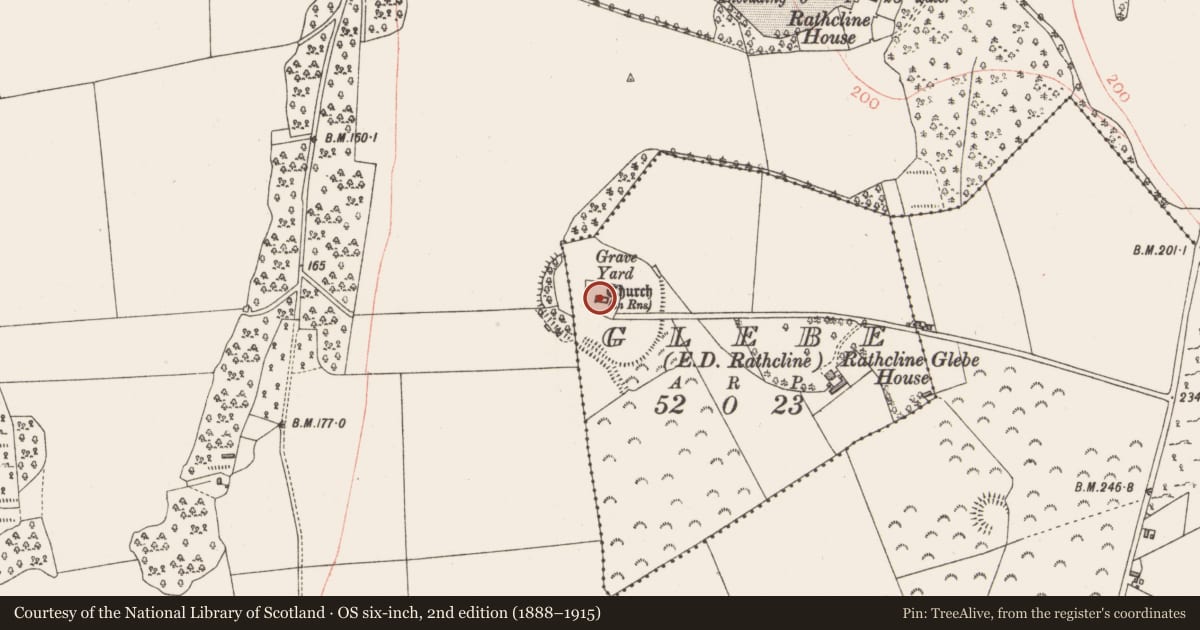 Ordnance Survey six-inch map, 2nd edition (1888–1915) covering the location of Graveyard, Glebe, County Longford, with a pin at the register's coordinates
