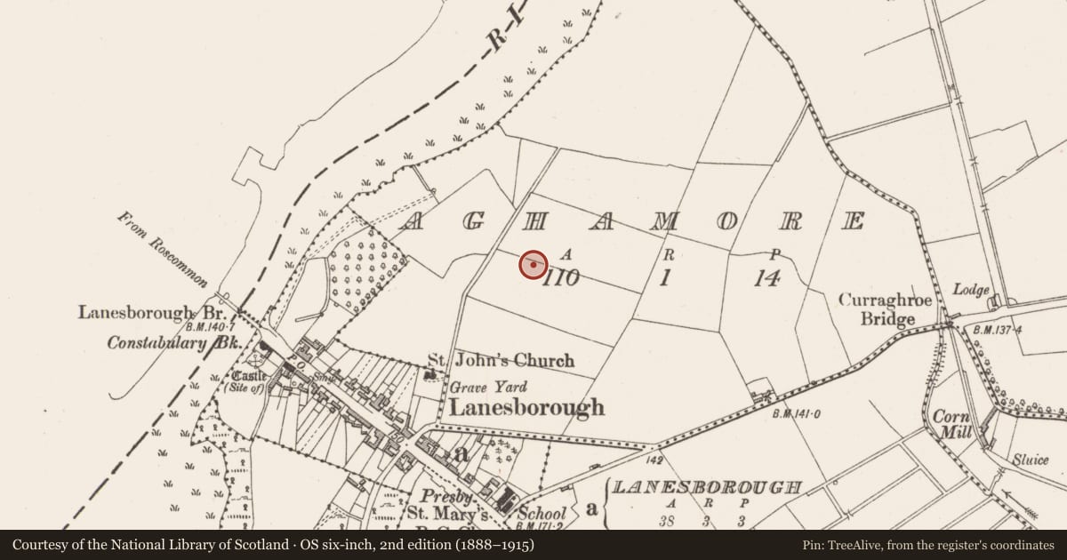 Ordnance Survey six-inch map, 2nd edition (1888–1915) covering the location of Burnt pit, Aghamore, County Longford, with a pin at the register's coordinates