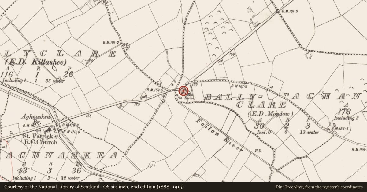 Ordnance Survey six-inch map, 2nd edition (1888–1915) covering the location of Castle - tower house, Ballyclare, County Longford, with a pin at the register's coordinates