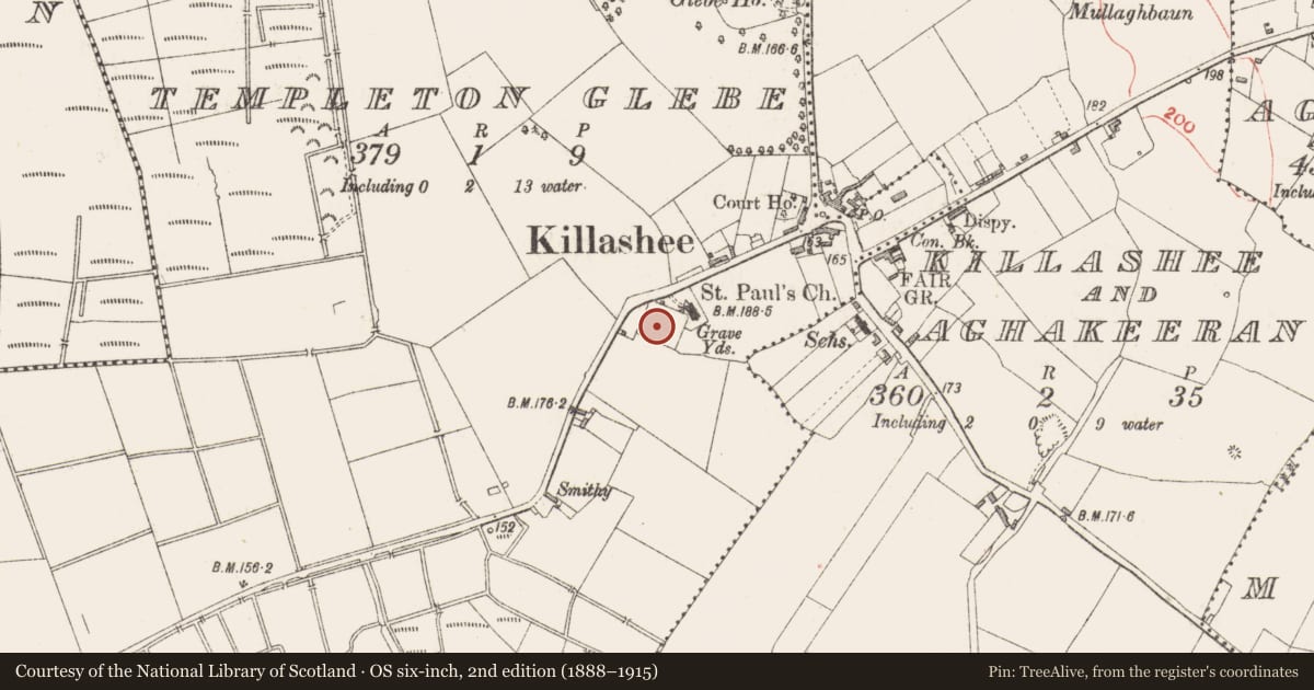 Ordnance Survey six-inch map, 2nd edition (1888–1915) covering the location of Church, Templeton Glebe, County Longford, with a pin at the register's coordinates