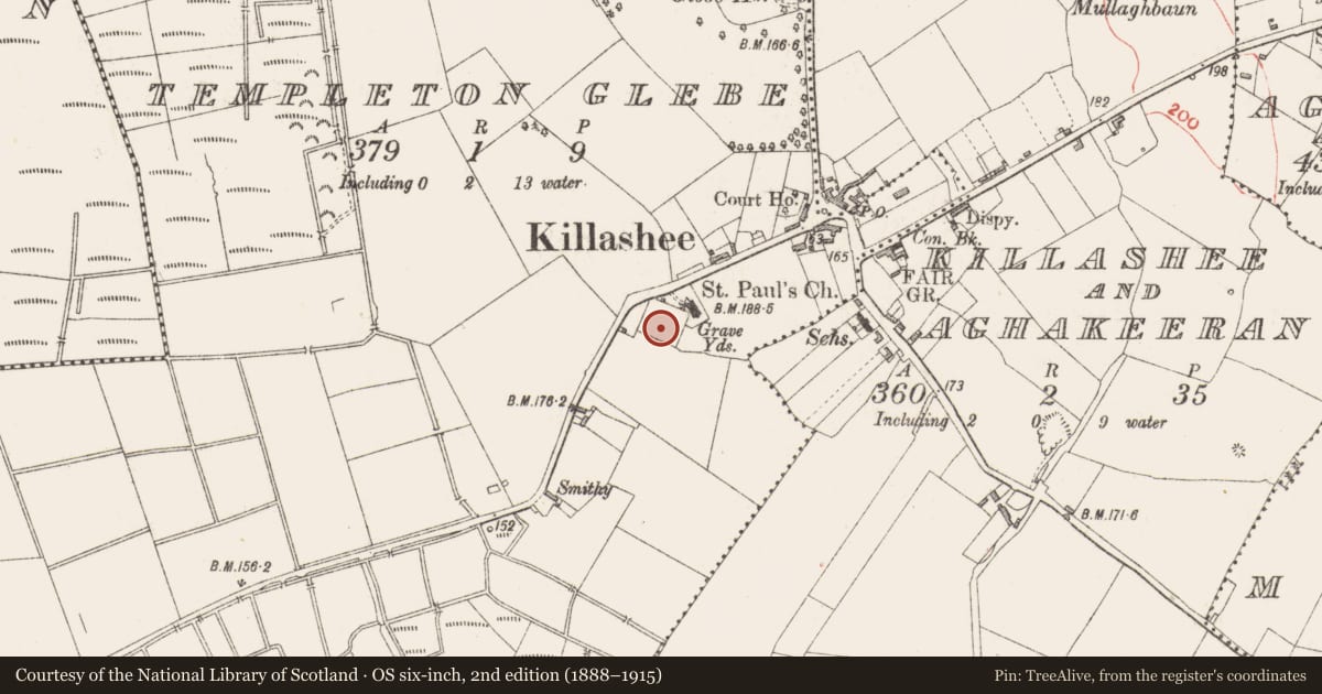 Ordnance Survey six-inch map, 2nd edition (1888–1915) covering the location of Graveyard, Templeton Glebe, County Longford, with a pin at the register's coordinates