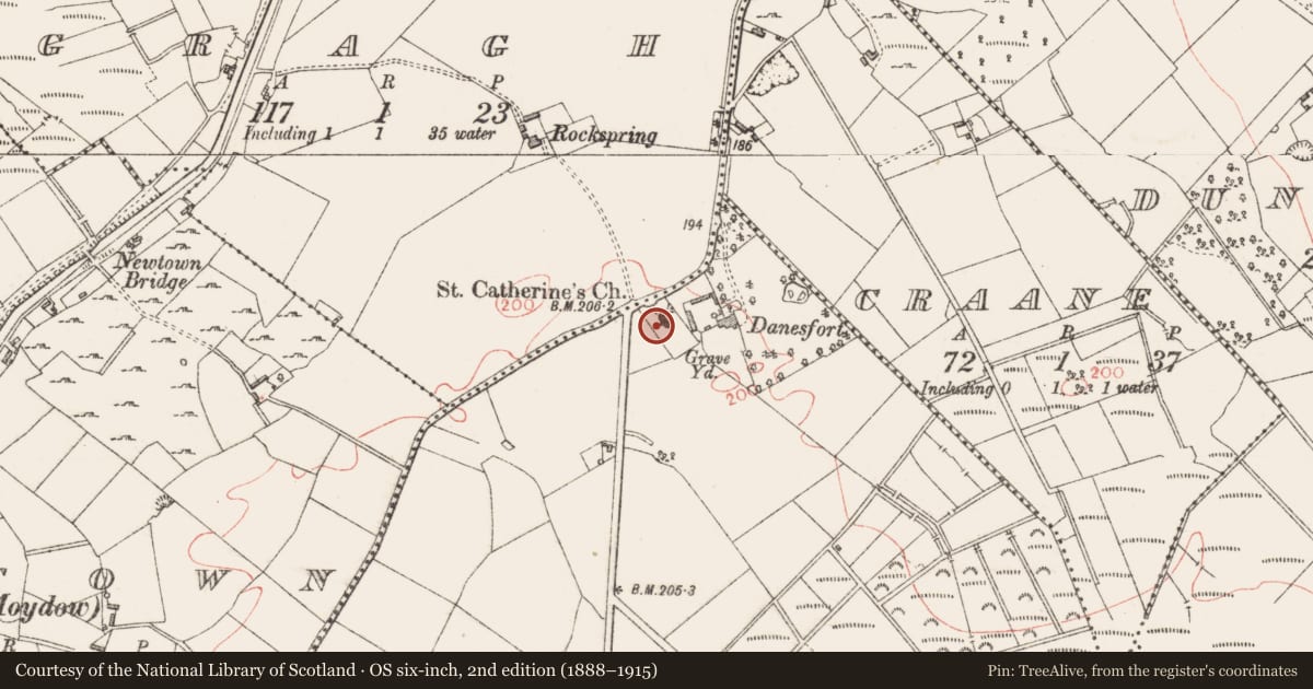 Ordnance Survey six-inch map, 2nd edition (1888–1915) covering the location of Church, Curry, County Longford, with a pin at the register's coordinates