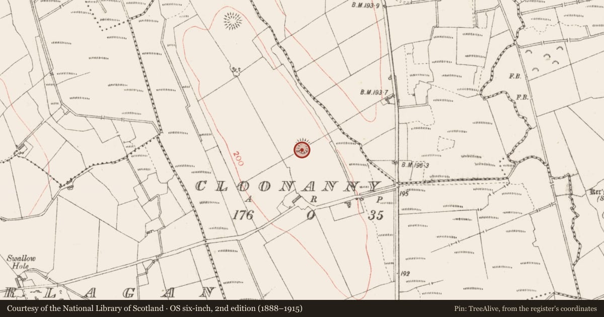 Ordnance Survey six-inch map, 2nd edition (1888–1915) covering the location of Ringfort - rath, Cloonanny, County Longford, with a pin at the register's coordinates