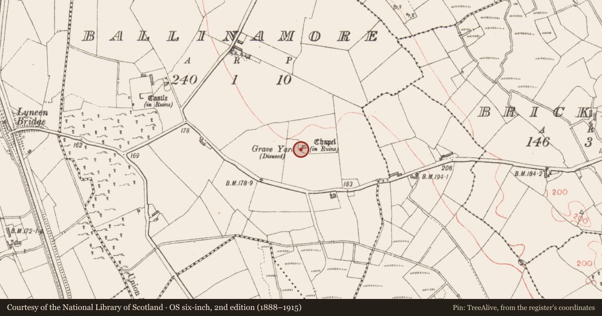 Ordnance Survey six-inch map, 2nd edition (1888–1915) covering the location of Graveyard, Ballinamore, County Longford, with a pin at the register's coordinates