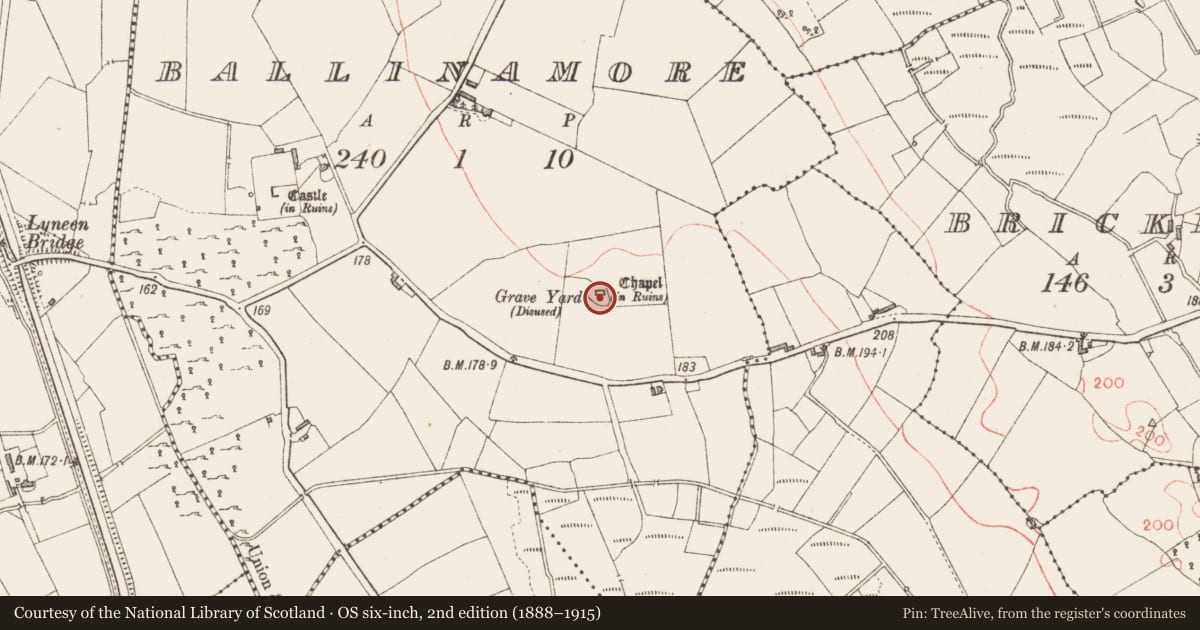 Ordnance Survey six-inch map, 2nd edition (1888–1915) covering the location of Wall monument, Ballinamore, County Longford, with a pin at the register's coordinates