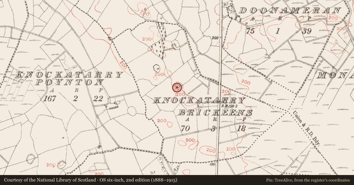 Ordnance Survey six-inch map, 2nd edition (1888–1915) covering the location of Ringfort - rath, Knockatarry (Brickeens), County Longford, with a pin at the register's coordinates
