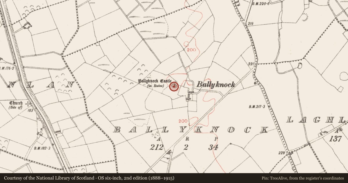 Ordnance Survey six-inch map, 2nd edition (1888–1915) covering the location of Castle - tower house, Ballyknock, County Longford, with a pin at the register's coordinates