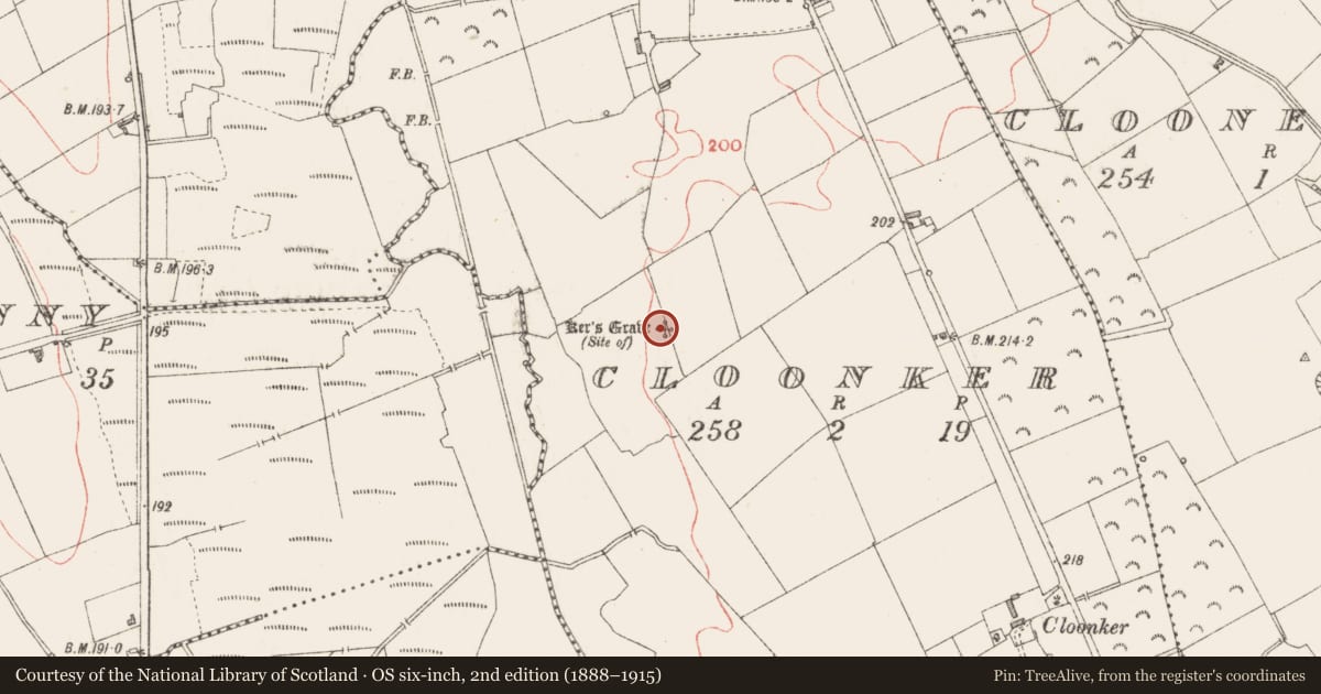 Ordnance Survey six-inch map, 2nd edition (1888–1915) covering the location of Megalithic tomb - unclassified, Cloonker, County Longford, with a pin at the register's coordinates