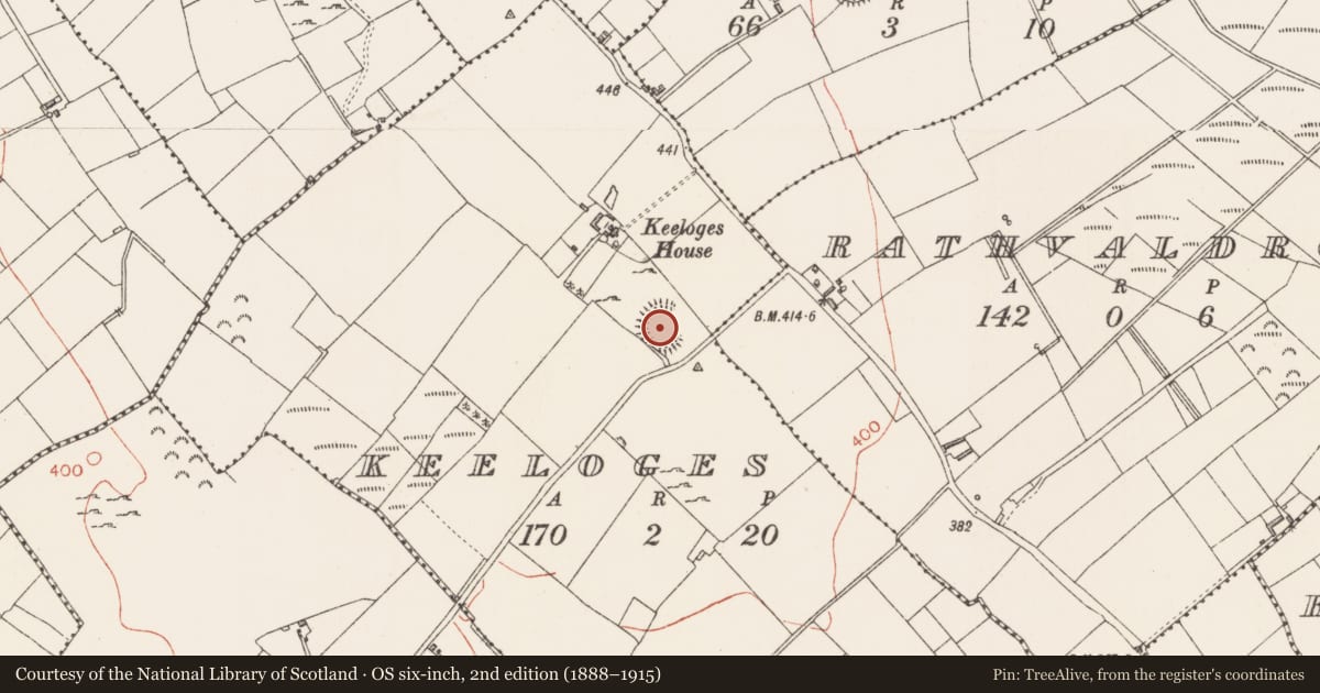 Ordnance Survey six-inch map, 2nd edition (1888–1915) covering the location of Ringfort - rath, Keeloges, County Longford, with a pin at the register's coordinates