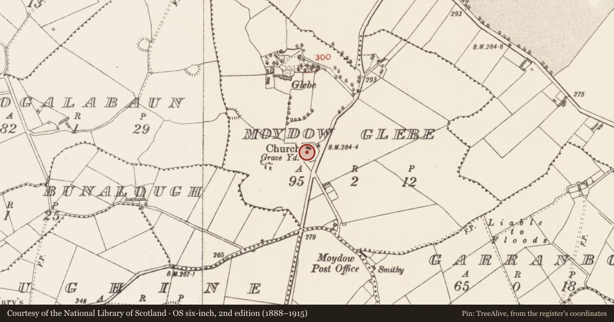 Ordnance Survey six-inch map, 2nd edition (1888–1915) covering the location of Graveyard, Moydow Glebe, County Longford, with a pin at the register's coordinates