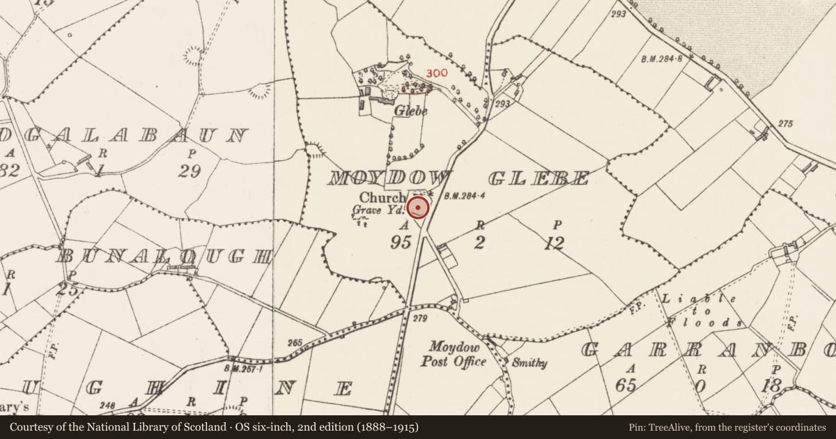 Ordnance Survey six-inch map, 2nd edition (1888–1915) covering the location of Cross, Moydow Glebe, County Longford, with a pin at the register's coordinates