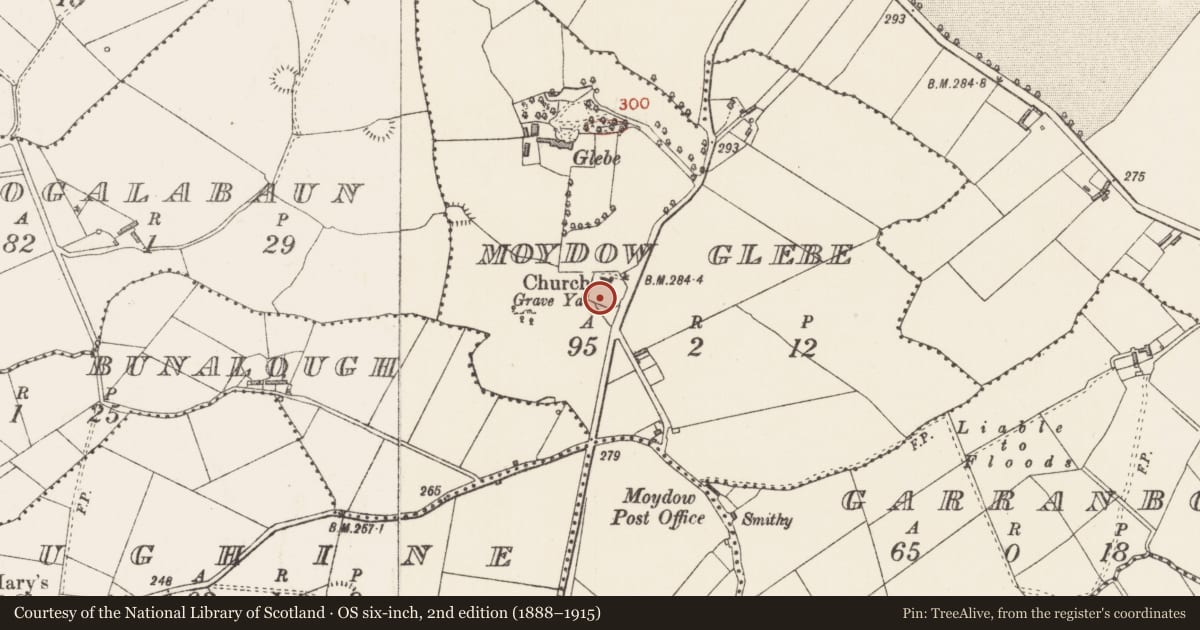 Ordnance Survey six-inch map, 2nd edition (1888–1915) covering the location of Graveslab, Moydow Glebe, County Longford, with a pin at the register's coordinates