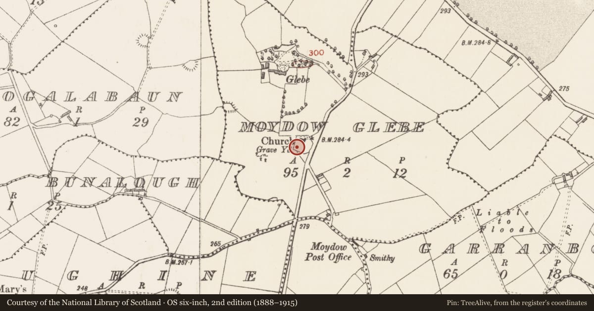 Ordnance Survey six-inch map, 2nd edition (1888–1915) covering the location of Graveslab, Moydow Glebe, County Longford, with a pin at the register's coordinates