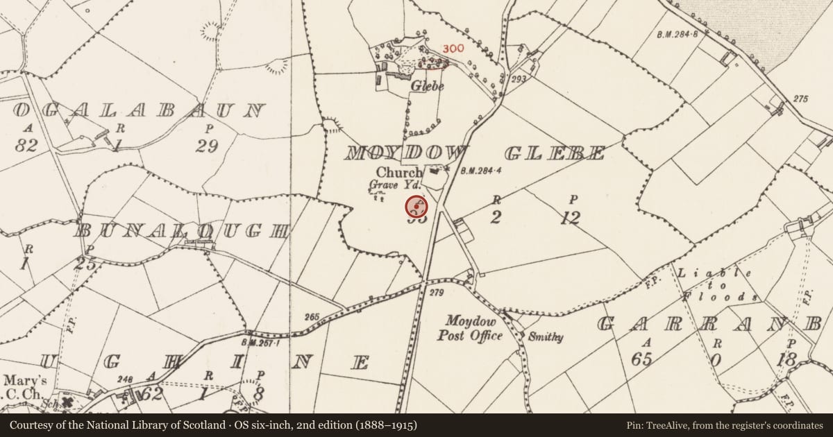 Ordnance Survey six-inch map, 2nd edition (1888–1915) covering the location of Enclosure, Moydow Glebe, County Longford, with a pin at the register's coordinates