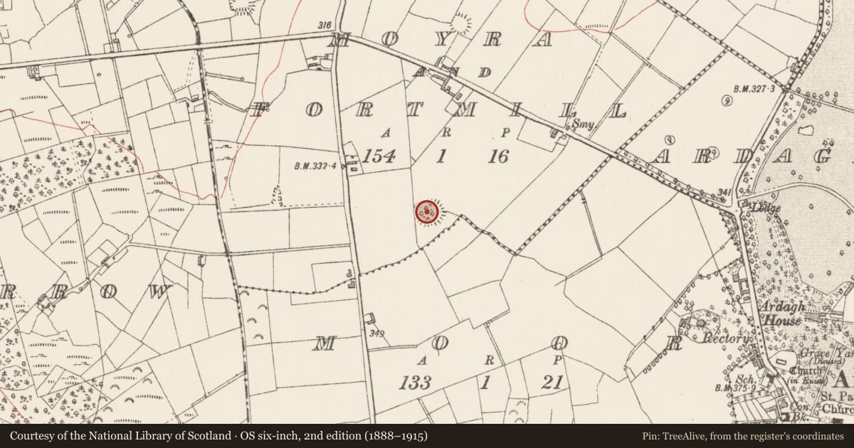 Ordnance Survey six-inch map, 2nd edition (1888–1915) covering the location of Ringfort - rath, Moyra And Fortmill, County Longford, with a pin at the register's coordinates