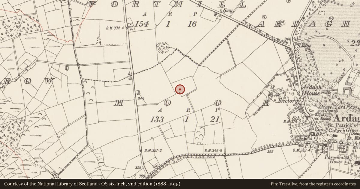 Ordnance Survey six-inch map, 2nd edition (1888–1915) covering the location of Ringfort - rath, Moor, County Longford, with a pin at the register's coordinates