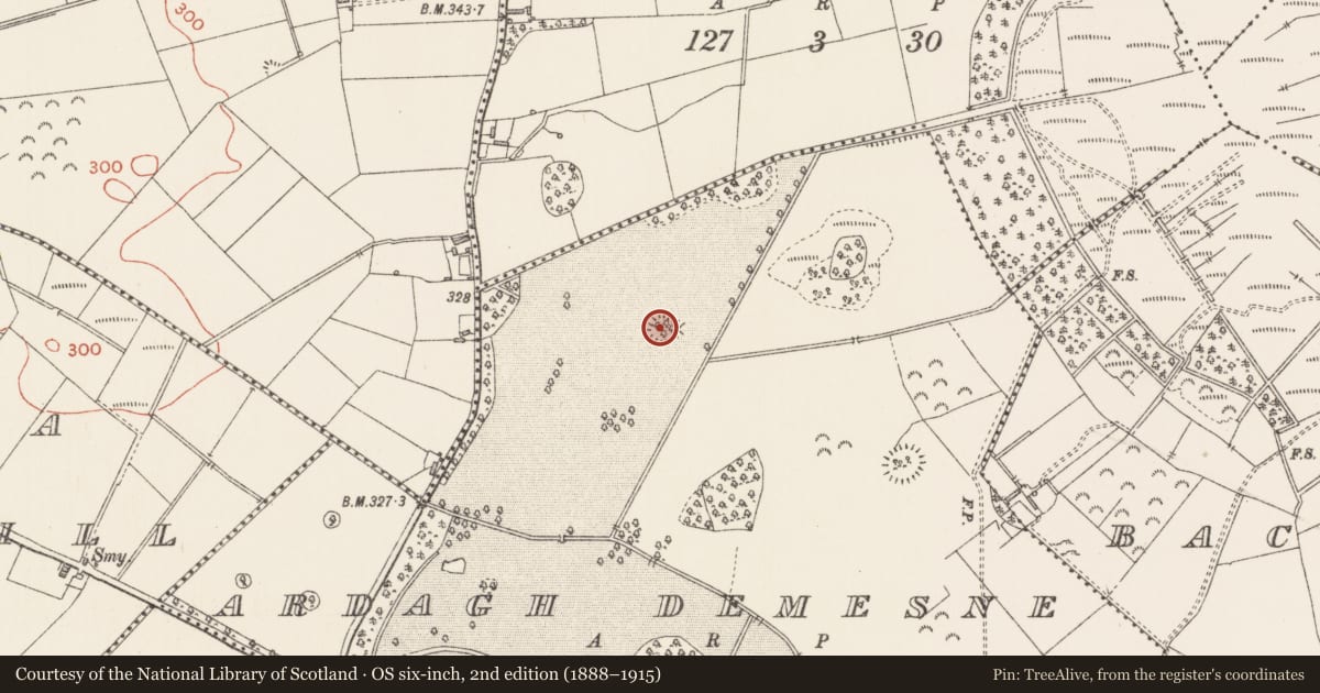 Ordnance Survey six-inch map, 2nd edition (1888–1915) covering the location of Designed landscape feature, Ardagh Demesne, County Longford, with a pin at the register's coordinates