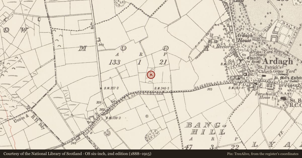 Ordnance Survey six-inch map, 2nd edition (1888–1915) covering the location of Enclosure, Moor, County Longford, with a pin at the register's coordinates