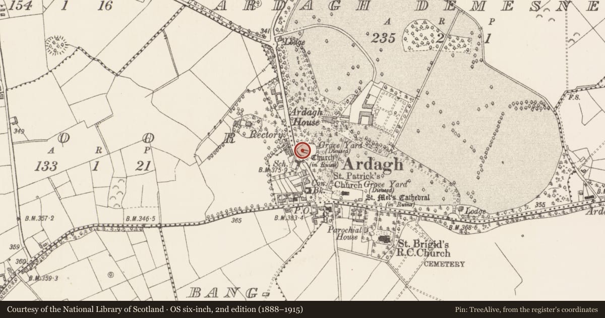 Ordnance Survey six-inch map, 2nd edition (1888–1915) covering the location of Church, Ardagh Demesne, County Longford, with a pin at the register's coordinates